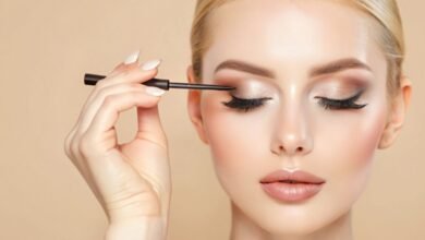 Women apply eyeliner